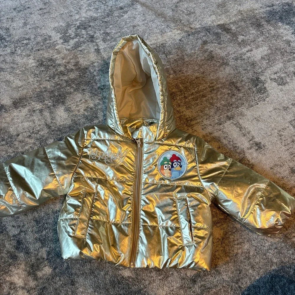 Bluey Girls 12 Month Girls Puffer Jacket Coat Gold Warm Hooded NEW
